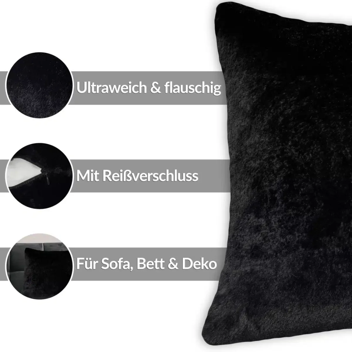 Kissen Plüsch Dekokissen Schwarz Sofakissen Kissenbezug Kuschelkissen Kunstfell Kissenhülle mit & ohne Füllkissen 3 Größen – Bild 5