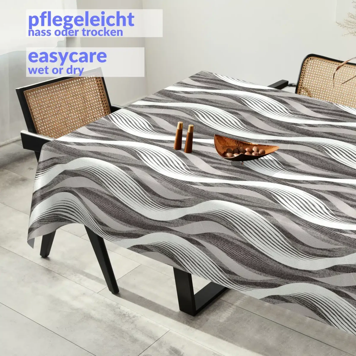 Wachstuchtischdecke abwaschbar Premium Leinenprägung Gartentischdecke Wellen Weiß Grau Breite 140cm – Bild 3