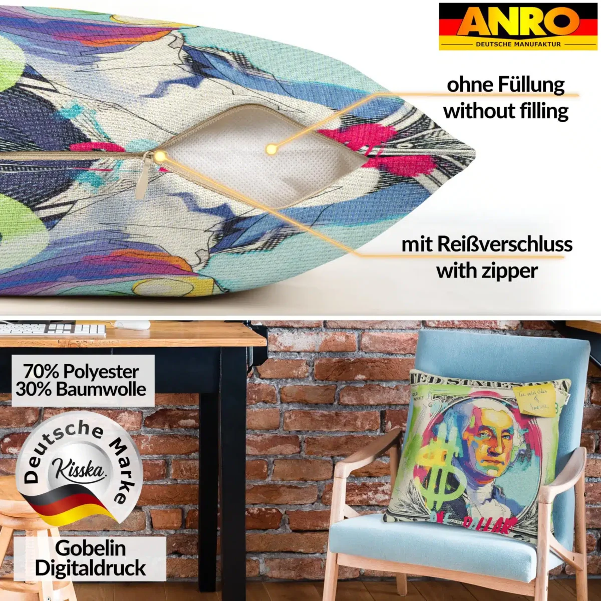 Dekokissen Pop Art Kissenbezug Zierkissen Sofakissen bedruckt mit & ohne Füllung 40x40cm Dollar $ – Bild 4