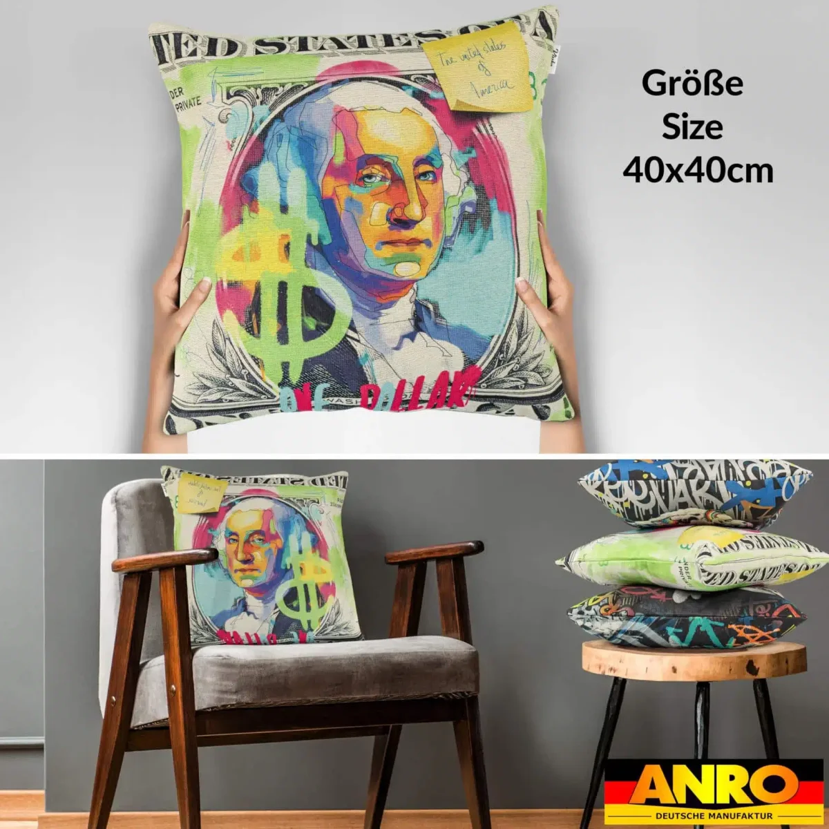 Dekokissen Pop Art Kissenbezug Zierkissen Sofakissen bedruckt mit & ohne Füllung 40x40cm Dollar $ – Bild 5